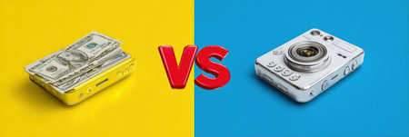 A visual contrast displays cash stacked on one side and a compact camera on the other, highlighting the debate between financial value and capturing moments.の素材