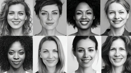 A collection features women with various hair styles and expressions, highlighting their unique beauty and individuality in a monochrome setting.の素材