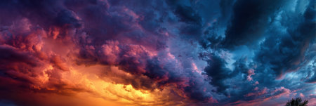 Colorful clouds dominate the sky as the sun sets, creating a stunning display of orange, pink, and blue hues in a serene rural landscape.の素材