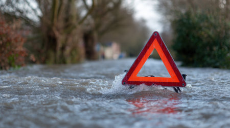 Rising water covers a suburban street while a bright warning sign stands out, alerting drivers to flooding dangers in the area.の素材