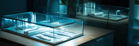 Elegant glass case displays premium aesthetic tools in a well-lit clinic. The left side remains open, featuring a clean design and high-quality instruments.の素材