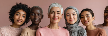 A vibrant gathering of women from different backgrounds stands together, radiating confidence and camaraderie in a modern studio setting.の素材