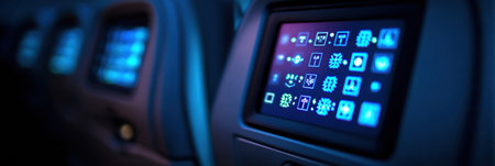 Control panels illuminated in blue light, providing passengers with options for entertainment and comfort during a late-night flight.の素材