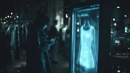 A person is engaged with a digital holographic clothing display while surrounded by various shops and vibrant street lights during the nighttime.の素材