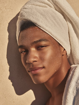 Relaxing young man leans against a sandy wall, wearing a towel on his head, basking in warm sunlight, highlighting his calm expression.の素材