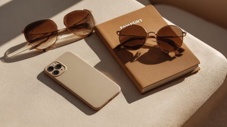 Sunglasses rest beside a passport and smartphone on a sunlit surface, indicating preparation for a summer trip or vacation.の素材