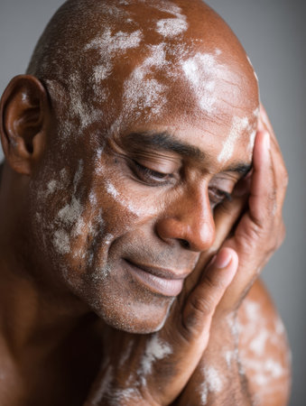 A man with a shaved head and a contemplative expression rests his hand on his cheek, with powder dusting his forehead and cheeks against a plain backdrop.の素材