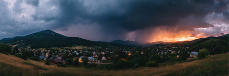 A small mountain town is illuminated by a stunning sunset, contrasting against dark storm clouds and distant mountains. Natures beauty captivates all.の素材