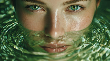 A serene face emerges from rippling water, reflecting the beauty of healthy skin and the peaceful connection with nature, symbolizing skincare harmony.の素材