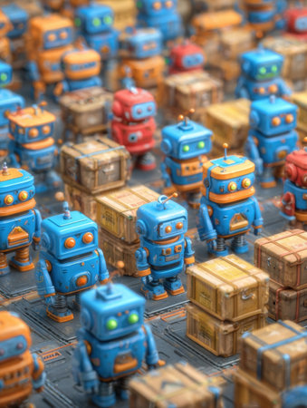Small, brightly colored robots are busy arranging wooden boxes in a futuristic warehouse, creating a lively and organized atmosphere during the day.の素材