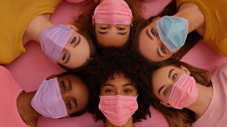 Young women with diverse hair and skin tones wear colorful face masks while lying in a circle on a pink background, promoting safety and togetherness.の素材
