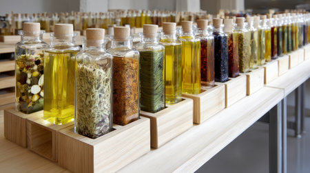 A variety of herbal oils is showcased in clear glass bottles, arranged on a wooden shelf inside a well-lit, contemporary setting.の素材