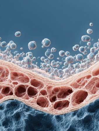 Collagen boost texture displayed in a magnified section of skin reveals cellular patterns and hair follicles beneath a clear blue sky background.の素材