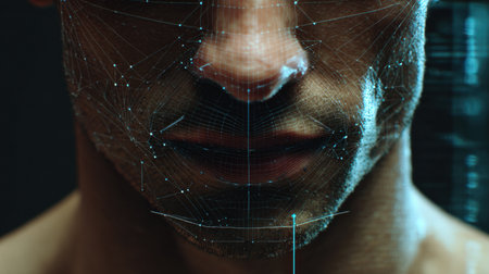 A symmetry scanner meticulously analyzes the jawline using a grid overlay in a technologically advanced setting, emphasizing clarity and precision.の素材