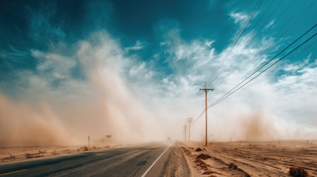 A massive dust storm engulfs a long stretch of highway as gusty winds pick up dirt and obscures visibility under a dramatic sky.の素材