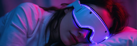 A woman peacefully rests with a healing LED mask, surrounded by soft lighting that enhances her relaxation in this futuristic setting.の素材