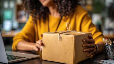 A person in a bright sweater is about to open a delivery package in a modern workspace filled with plants and a laptop nearby.の素材