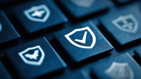 Close-up view of a keyboard highlighting a shield symbol, representing security features and online safety measures commonly used in digital technology.の素材