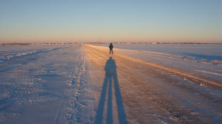 A person strides thoughtfully along a snow-covered road, casting a long shadow against the soft glow of the setting sun in a tranquil winter setting.の素材