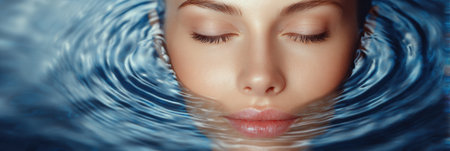 A tranquil moment captures a healthy face reflected in rippling water, conveying a sense of skincare harmony and relaxation in a peaceful environmentの素材