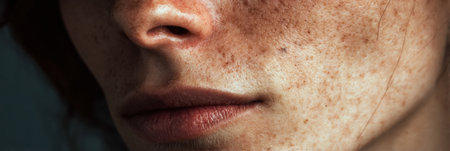 Close-up view highlights the raw beauty of skin, revealing unique textures, visible veins, and natural imperfections, creating an authentic portrait aesthetic.の素材