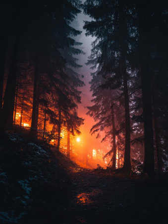Mist envelops towering trees as warm orange light glows from a distant cabin, creating a tranquil atmosphere in the early evening dusk.の素材