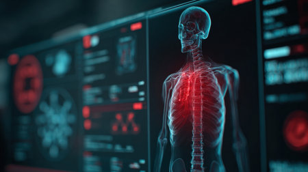 A digital display shows a detailed skeleton with a glowing heart, showcasing advanced health monitoring technology in a lab.の素材