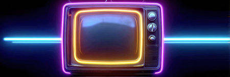 A retro television set illuminated by vibrant neon lights creates a striking contrast against a dark backdrop, highlighting its vintage style.の素材