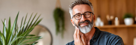 A middle-aged man with glasses smiles warmly while gently touching his beard in a well-lit indoor space adorned with plants and soft decor.の素材