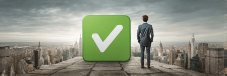 Businessman in formal attire gazes over a city skyline, standing atop a rooftop near a large checkmark symbol that signifies success and achievement.の素材
