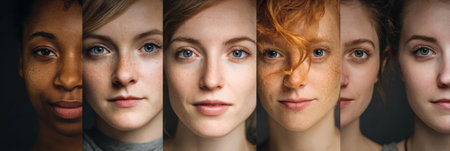 A collection of women featuring different hair colors and skin tones, each displaying unique expressions against a simple background, emphasizing diversity.の素材