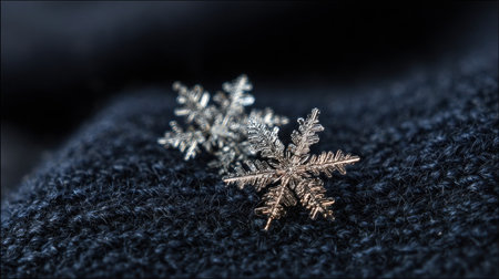 Twin silver snowflake earrings are elegantly placed on textured dark blue knit fabric, creating a serene winter atmosphere perfect for the season.の素材