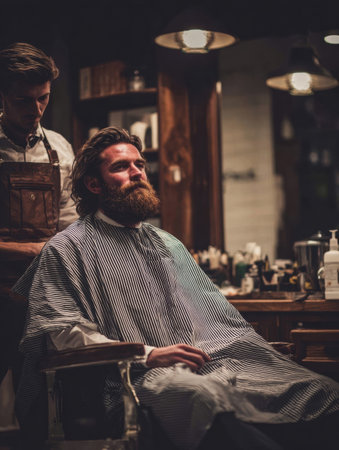 A barber expertly works on a mans hair while he sits in a classic barber chair, surrounded by warm lighting and vintage decor, in the evening.の素材
