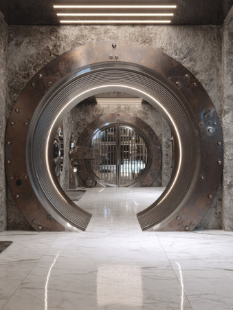 Elegant circular doorways lead to a secure vault area characterized by shiny marble floors and a contemporary industrial style.の素材