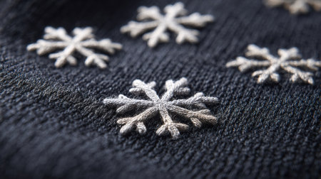 Close-up view of embroidered snowflakes on dark fabric highlights intricate stitching and winter-themed design ideal for seasonal fashion.の素材