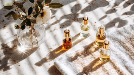 Four different essential oil bottles are arranged on a soft towel, accompanied by fresh flowers, where sunlight casts gentle shadows on the surface.の素材