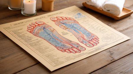 A reflexology foot map is prominently placed on a wooden table in a wellness center, providing insights into foot pressure points and relaxation techniques.の素材