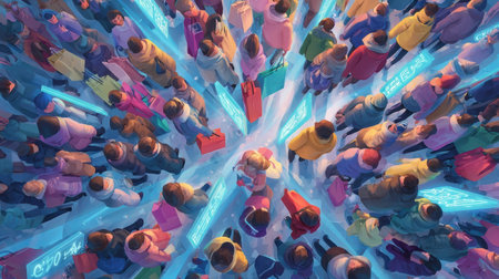 A large group of shoppers fills a lively city square, each person holding colorful bags, surrounded by bright signage and festive decorations.の素材