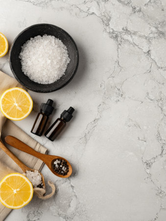 Arrangement of fresh lemons, coarse salts, and essential oil bottles on a light marble countertop, indicating preparations for a spa day or cooking session.の素材