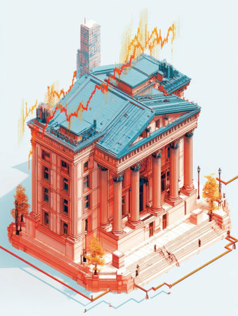 A historic structure combines classical architecture with modern graphics symbolizing economic trends in a lively urban environment during daylight.の素材