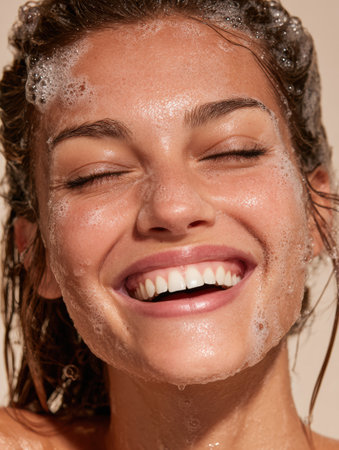 Woman joyfully laughing while receiving a cosmetic treatment involving bubbly cleanser in a clean and bright setting, showing a moment of happiness.の素材