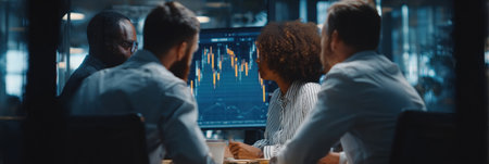 Professionals engage in discussion around a table, focusing on financial graphs displayed on a screen in a contemporary office environment.の素材