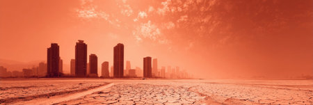 Dry land with cracked soil contrasts sharply with a modern skyline glowing in orange light during sunset, showcasing urban development amidst climate change.の素材
