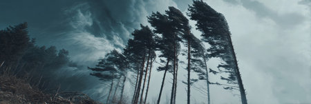 Strong winds whip through a dense forest, causing tall trees to bend as dark clouds loom overhead on a stormy afternoon in nature.の素材