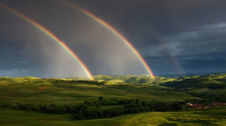 Lush green hills are decorated with three stunning rainbows arching across the sky following a rainstorm, creating a picturesque landscape in the countryside.の素材