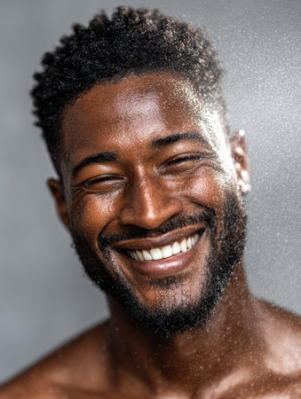 A joyful man with a bright smile stands under a gentle water spray, radiating happiness and warmth in a well-lit studio during daytime.の素材