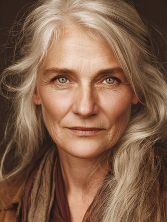 The older woman, with silver hair and deep green eyes, exudes wisdom and elegance, her thoughtful expression highlighting her great skin.の素材