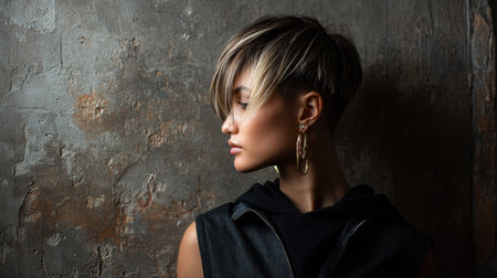 Individual showcases a short edgy undercut, highlighted by a spotlight, set in an urban grunge environment. Right side remains blank, enhancing artistic focus.の素材