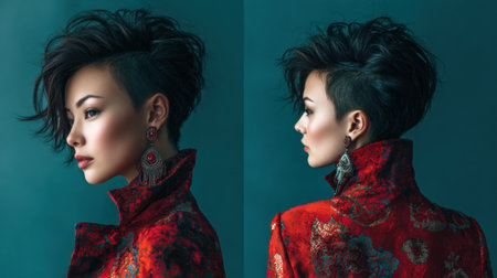 Portrait features a modern Asian hairstyle emphasizing bold lines and unique texture with a striking red garment, set against a subtle backdrop.の素材