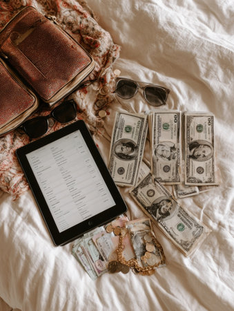 Cash, sunglasses, and a tablet are spread across a bed with soft textiles, creating a casual yet organized workspace full of personal items.の素材